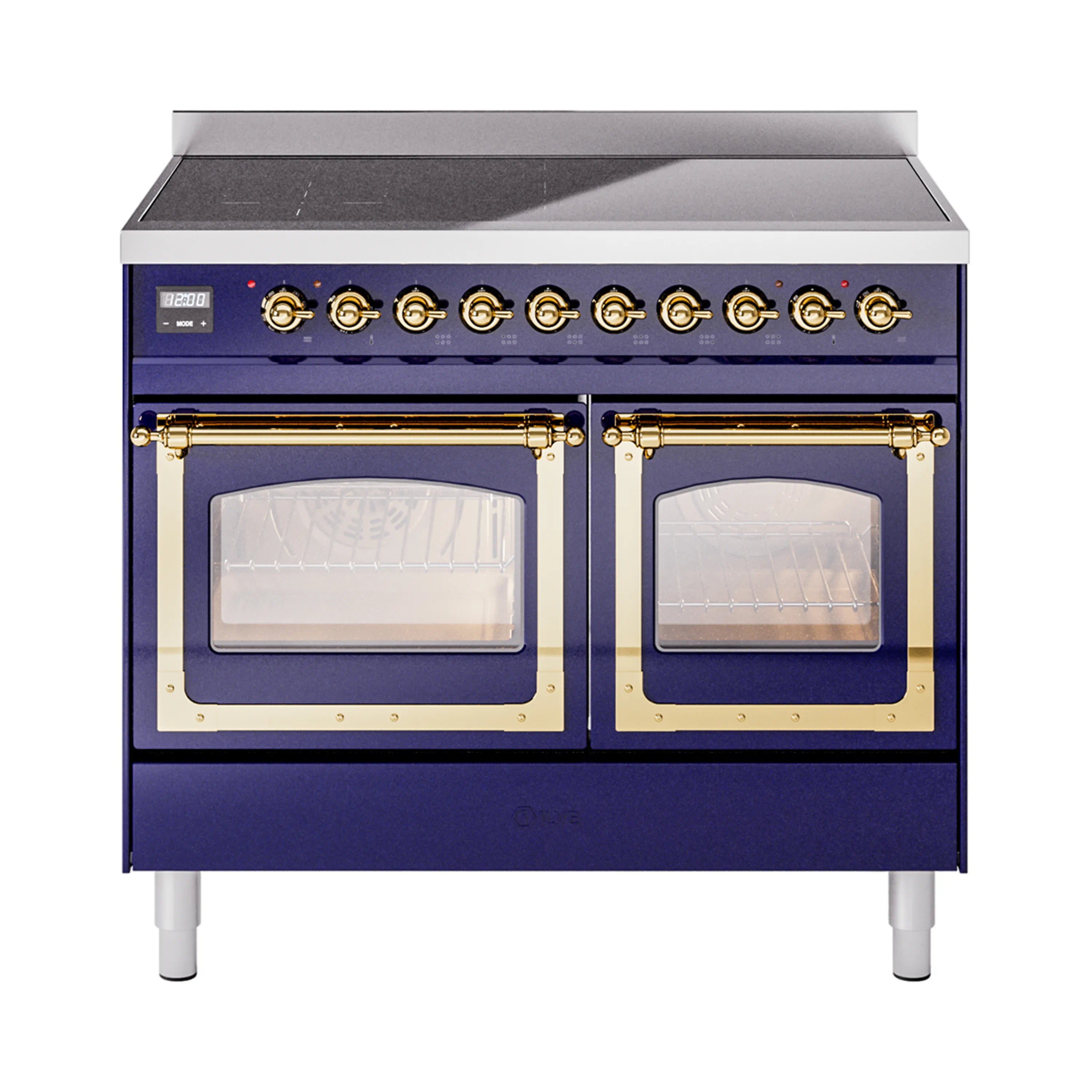 Midnight blue range top with two oven windows and brass control knobs