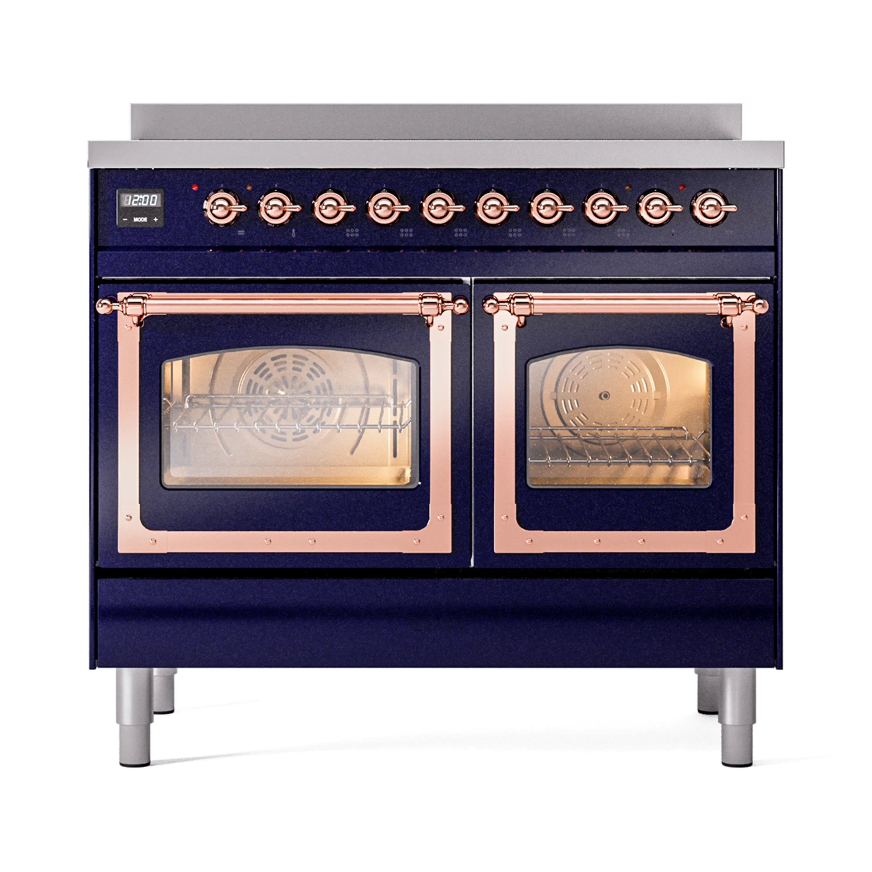 Midnight blue induction range with two oven windows open, copper door frames, front view