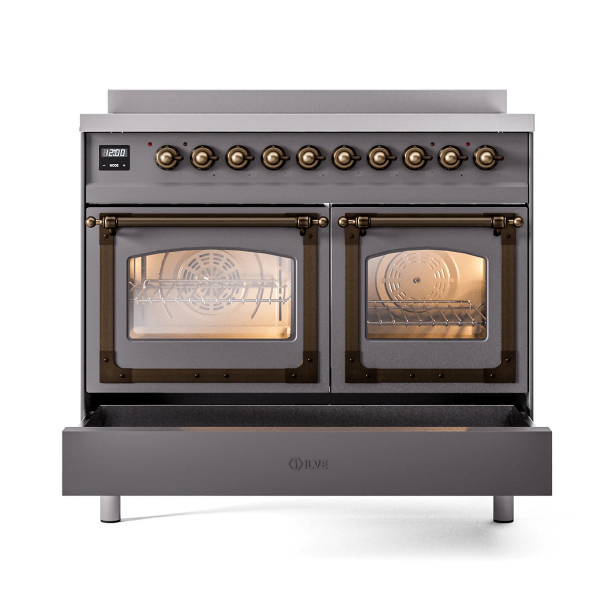 Matte graphite induction range with two triple-glass oven doors and bronze control knobs