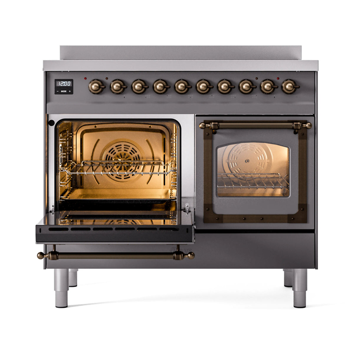 Matte graphite induction range with both ovens open, bronze-lit interiors and racks