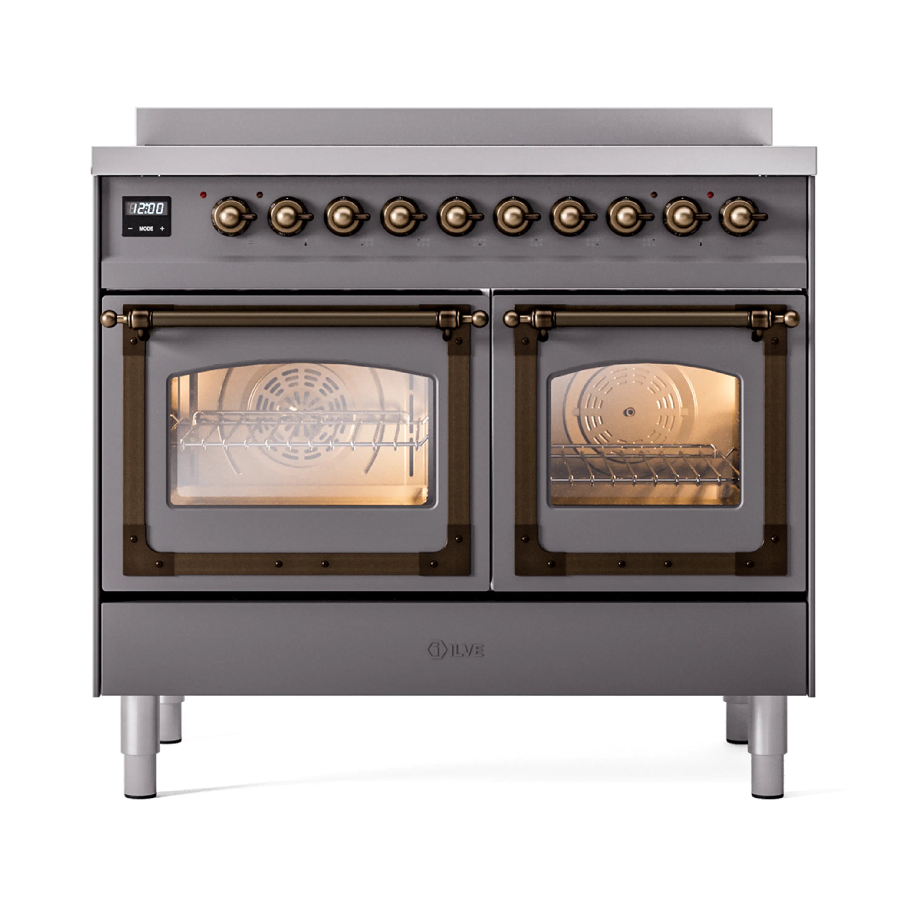 Matte graphite induction range with two triple-glass oven doors and bronze trim