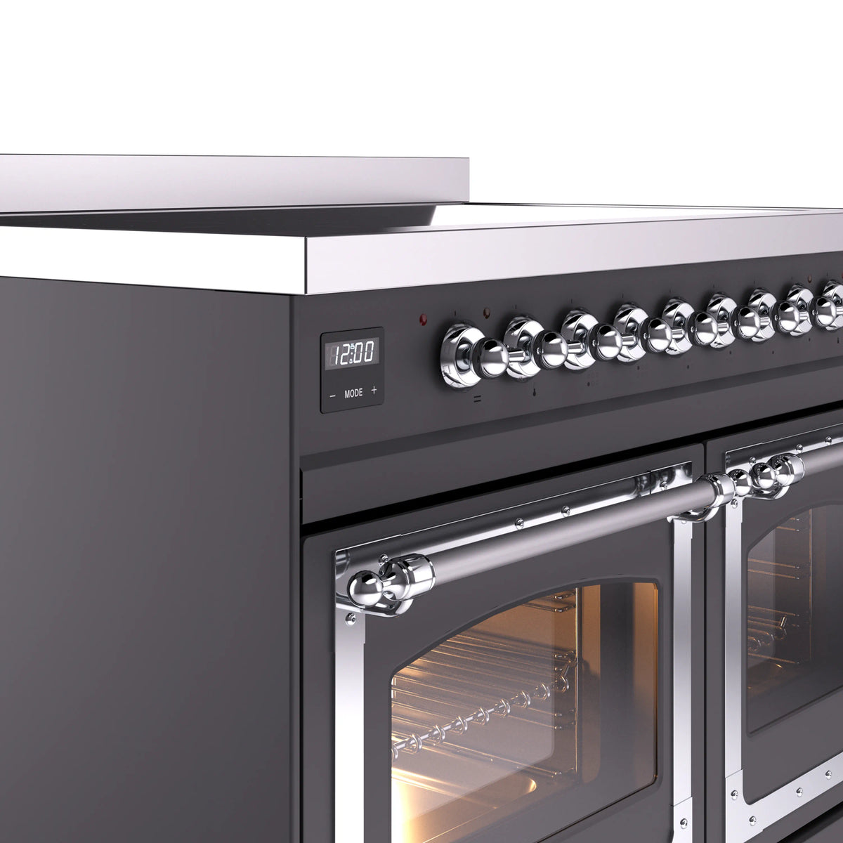 ILVE induction range control knobs and oven door handles in matte graphite