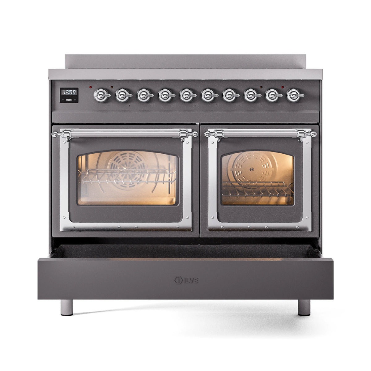 ILVE induction range, two closed oven windows, chrome-trimmed matte graphite