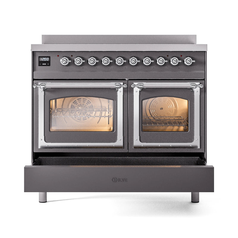 ILVE 40-Inch Nostalgie II Noblesse Induction Range with Triple Glass Door in Matte Graphite with Chrome Trim (UNDI406NMPMGC)