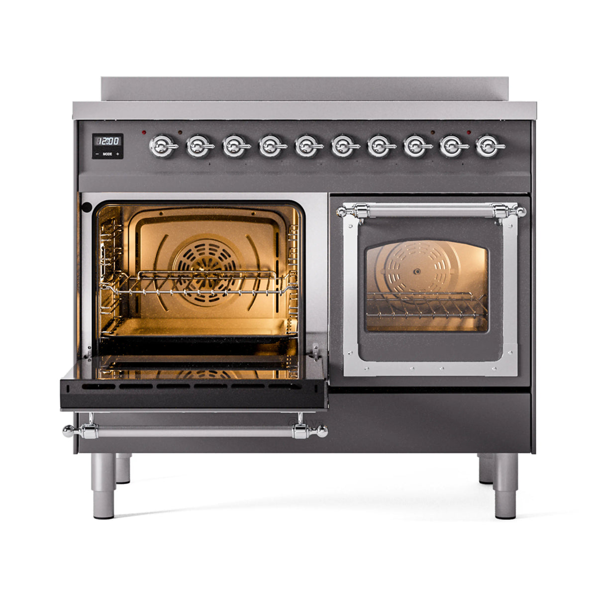 ILVE induction range, open doors showing oven racks, matte graphite with chrome hardware