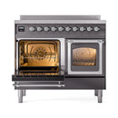 ILVE 40-Inch Nostalgie II Noblesse Induction Range with Triple Glass Door in Matte Graphite with Chrome Trim (UNDI406NMPMGC)