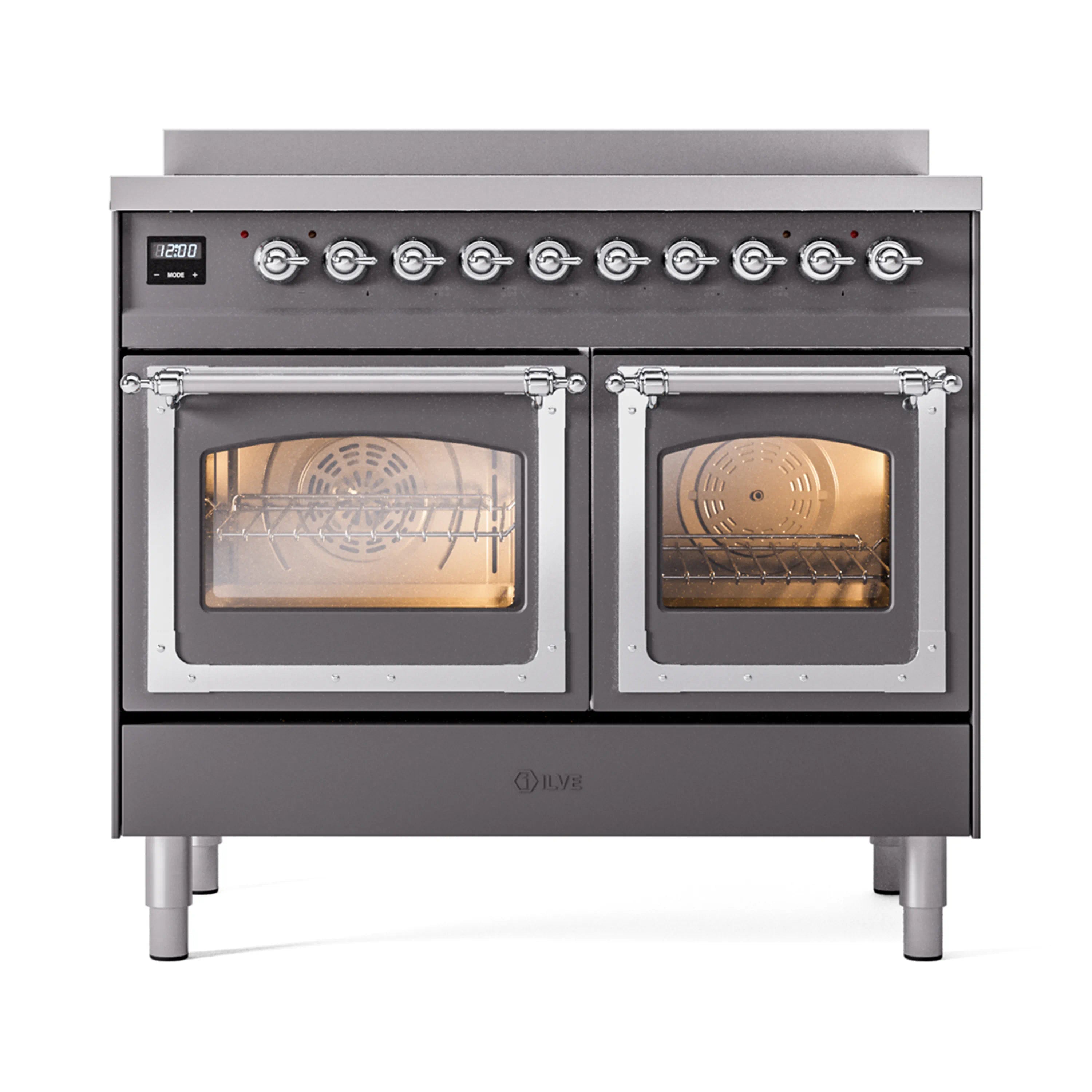 ILVE induction range, front view with two closed glass doors, matte graphite and chrome trim