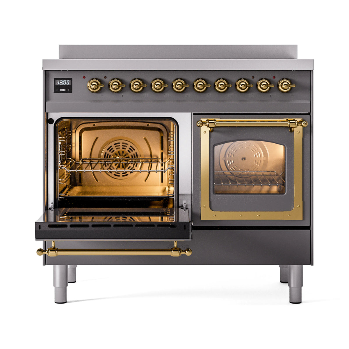 Induction range with both oven doors open, brass-trimmed frames and visible oven racks