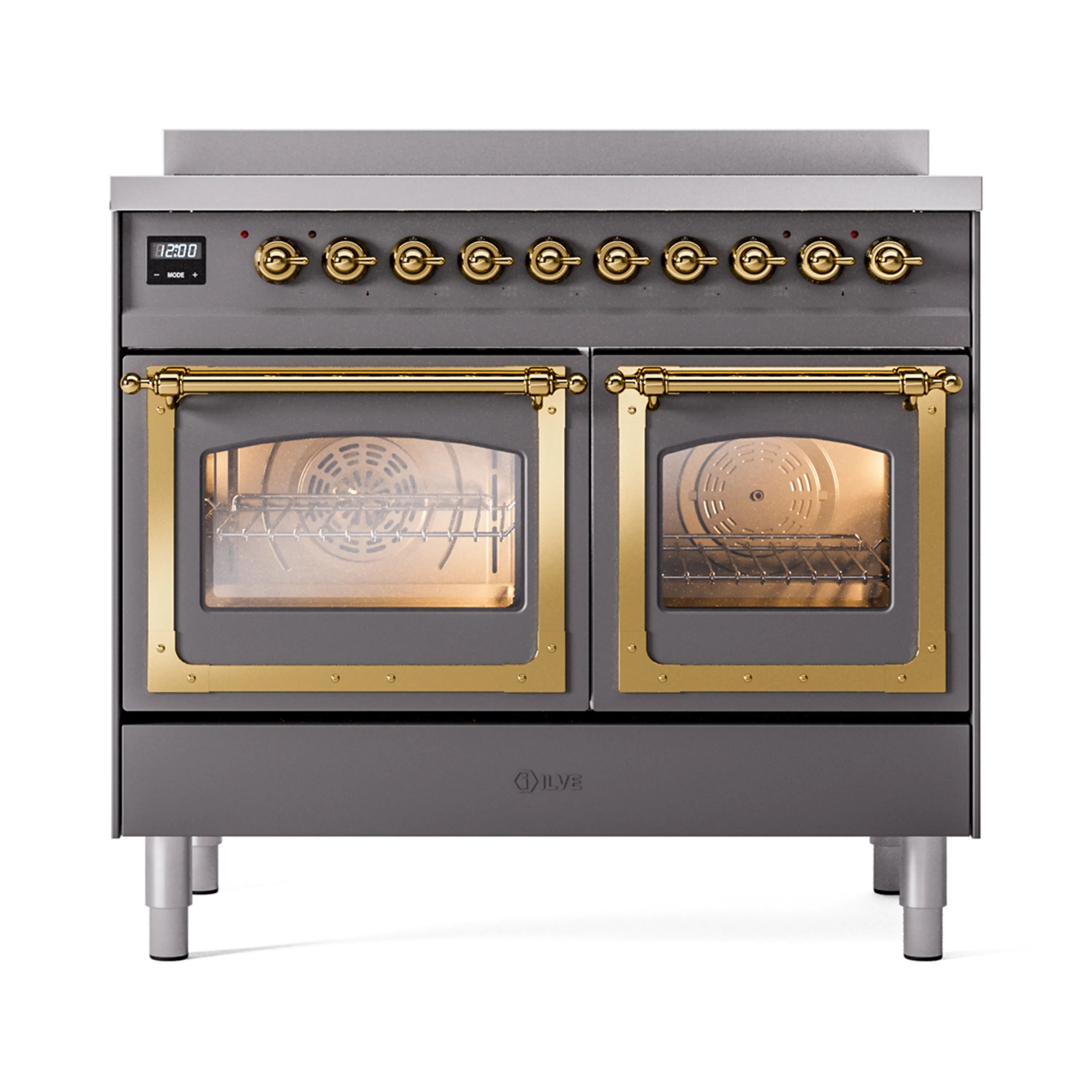 Matte graphite induction range with brass-trimmed triple glass oven doors, front view
