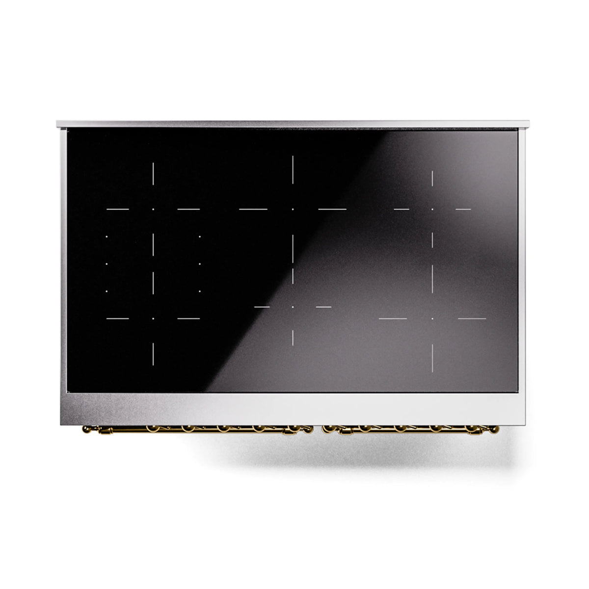 Matte graphite induction range back panel with dark glass and burner-style markings