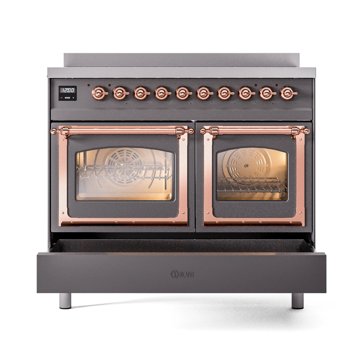 Matte graphite induction range with twin oven doors open, copper trim and heating elements