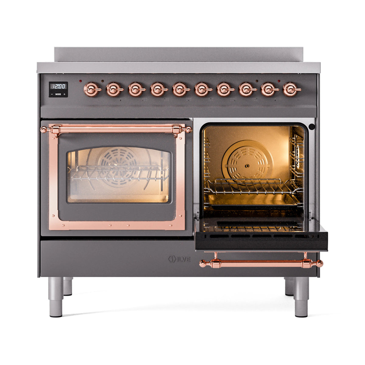 Matte graphite induction range with one oven door open and interior racks visible