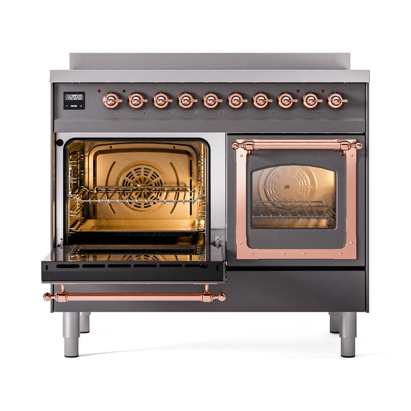 ILVE 40-Inch Nostalgie II Noblesse Induction Range with Triple Glass Door in Matte Graphite with Copper Trim (UNDI406NMPMGP)