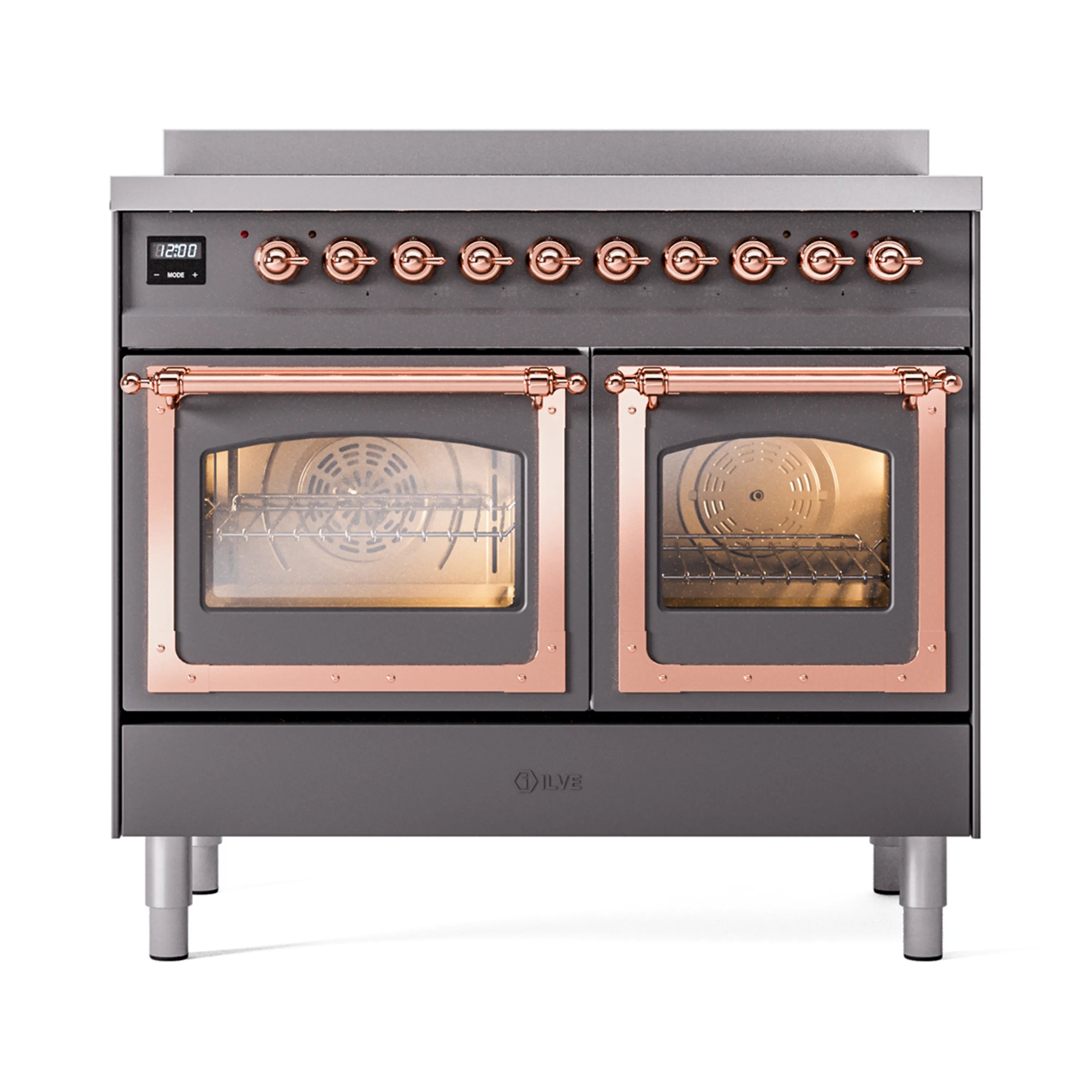 Matte graphite induction range with two oven doors and copper handles, display panel on left