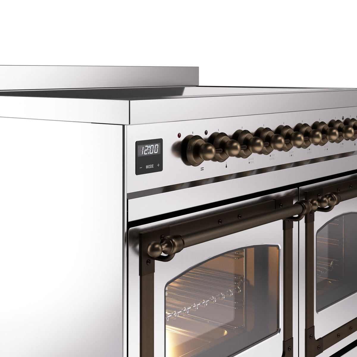 Bronze-trim control panel with knobs and two glass oven doors
