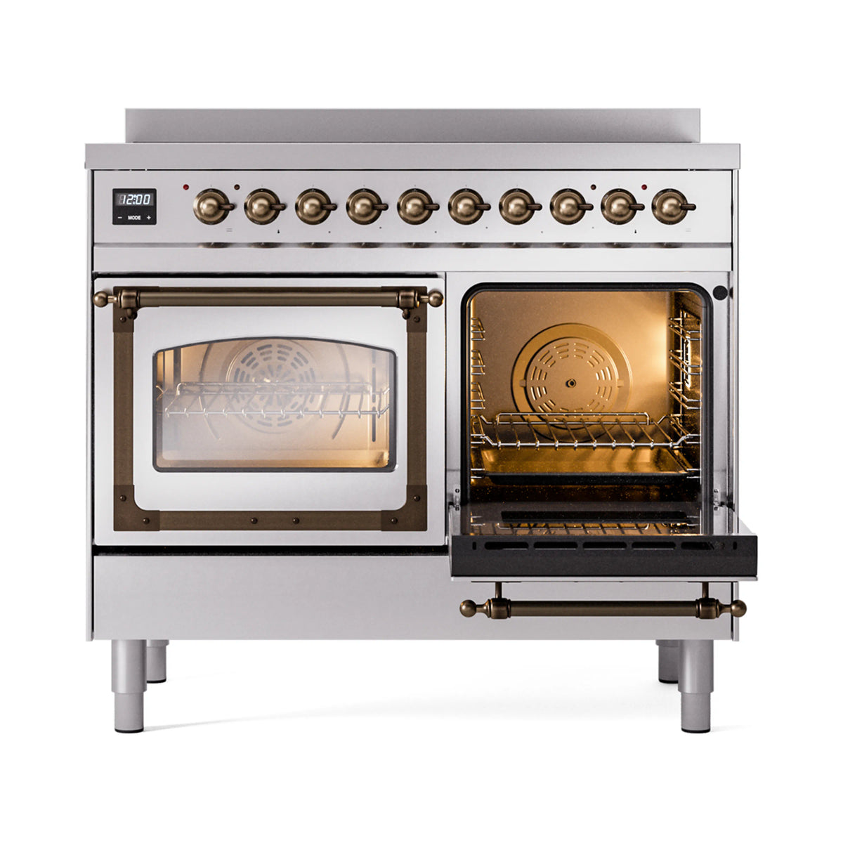 Stainless steel induction range with bronze-trim knobs, left oven door open