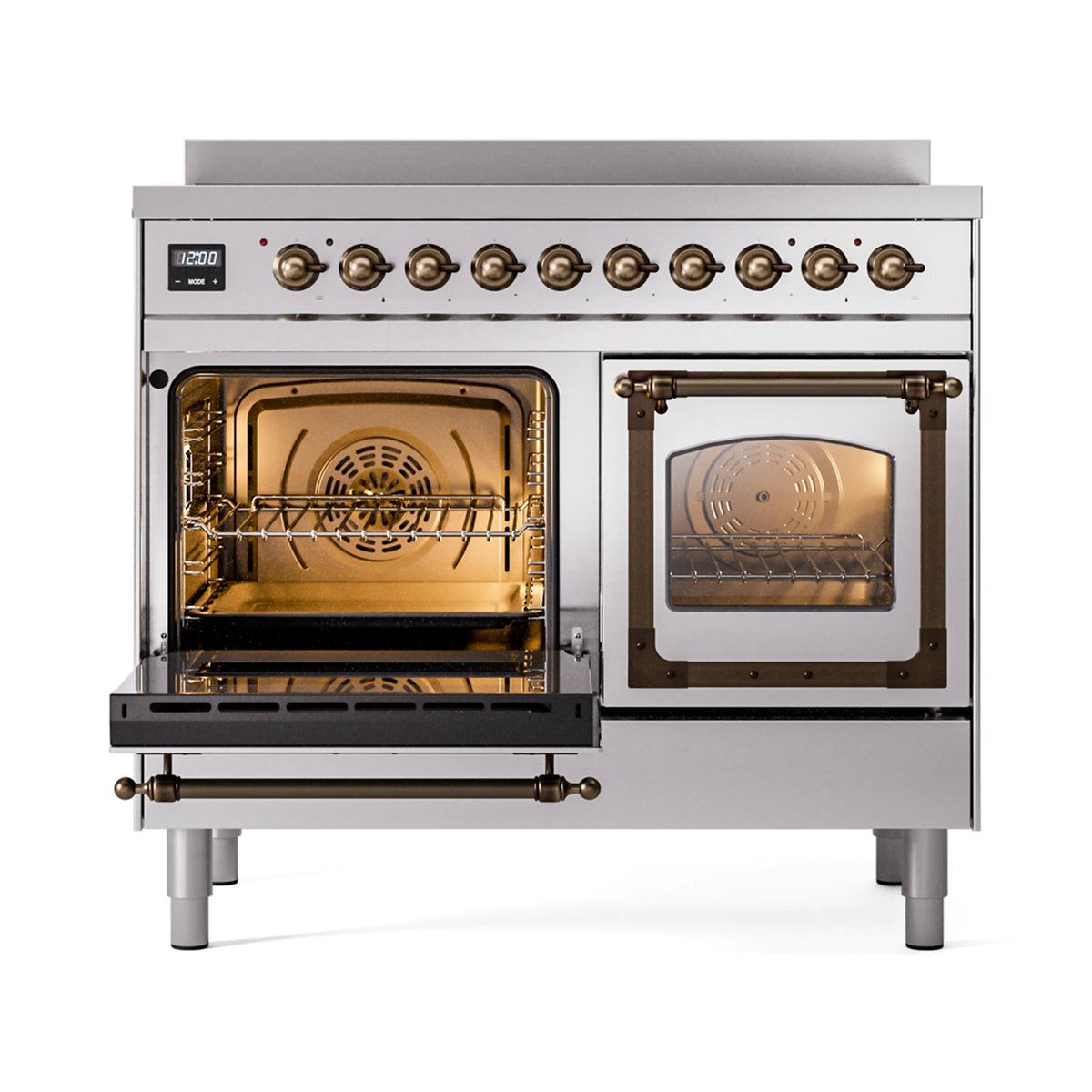 Stainless steel induction range with bronze-trim knobs, both oven doors open