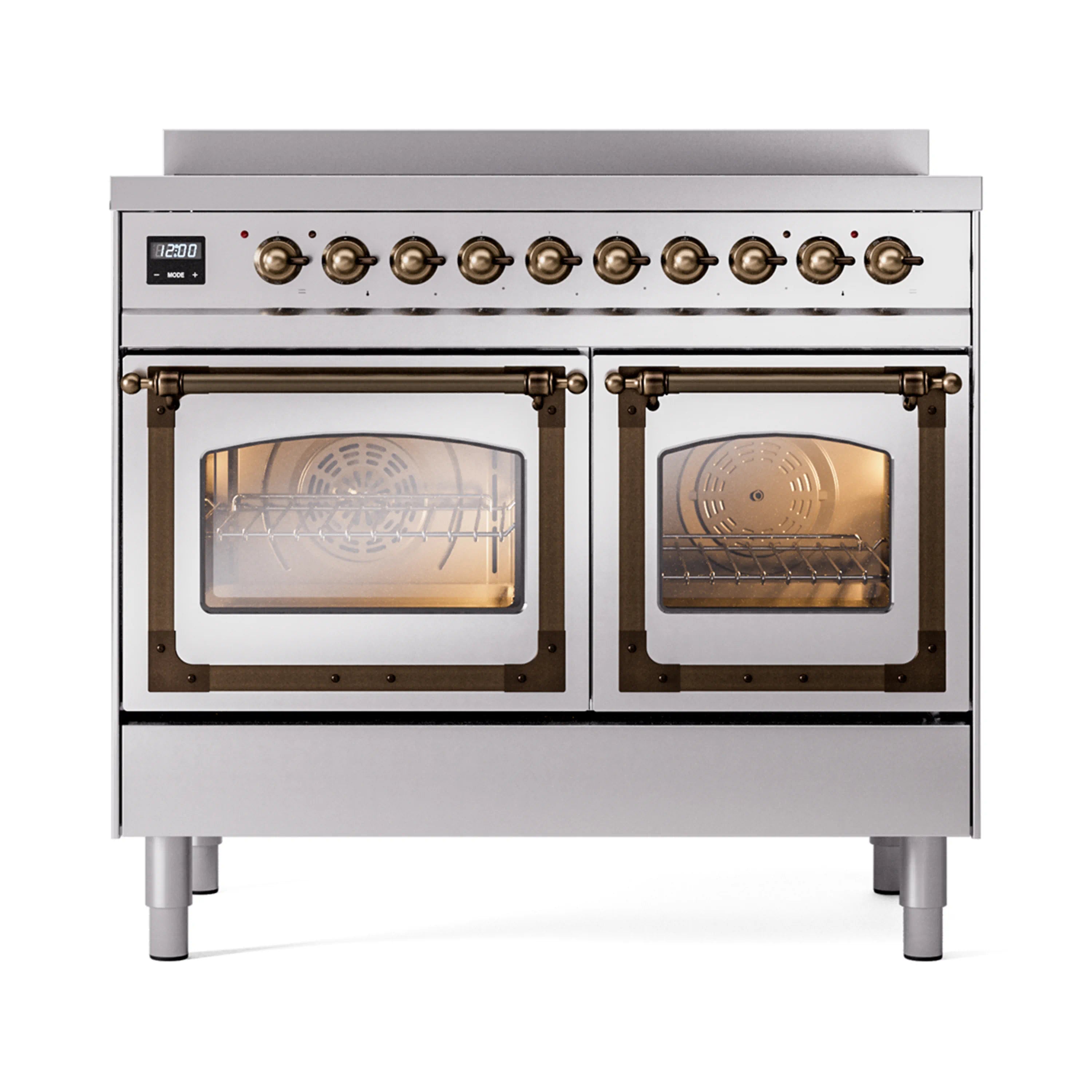 Stainless steel induction range with bronze-trim knobs and two glass oven doors