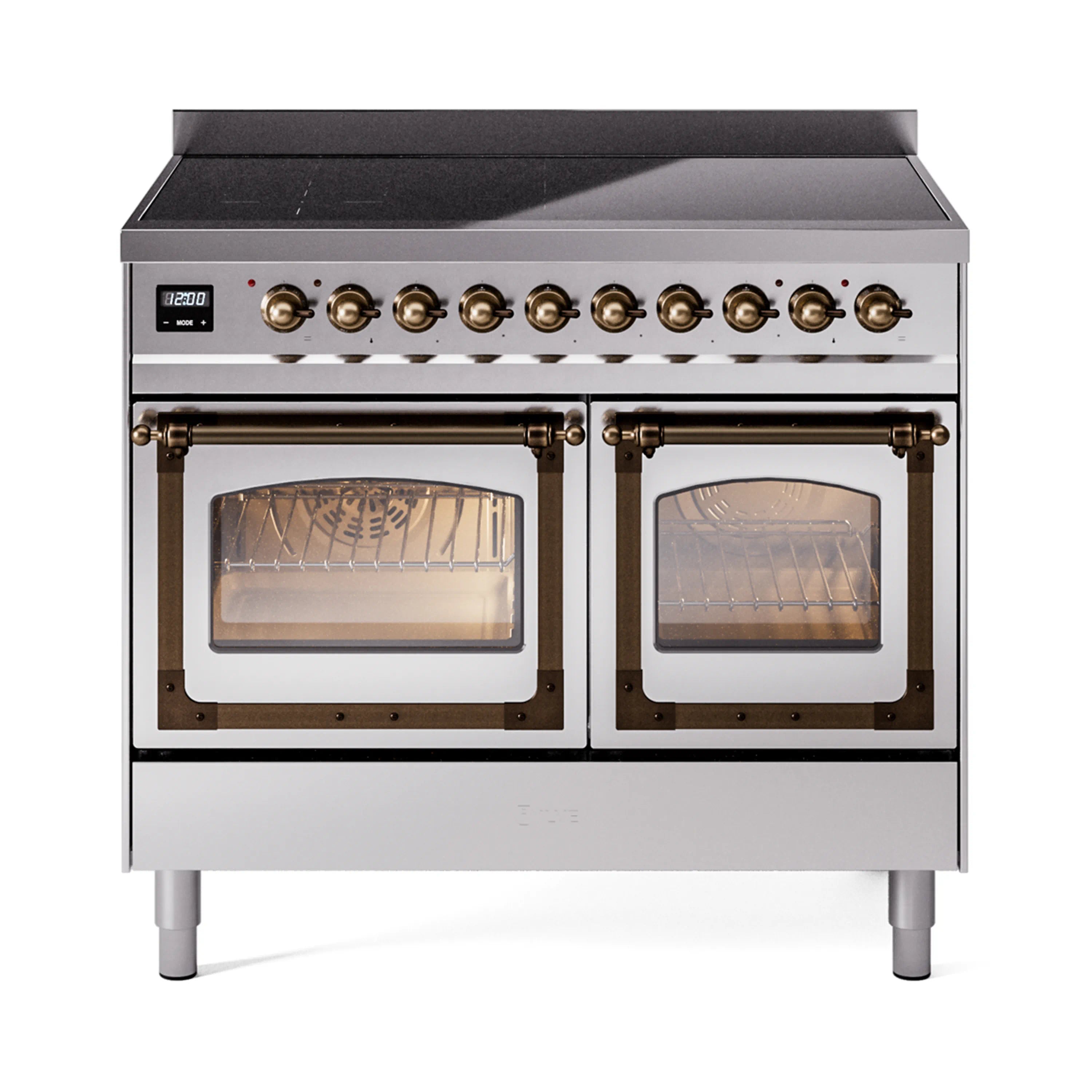 Stainless steel induction range with bronze-trim knobs and two closed oven doors
