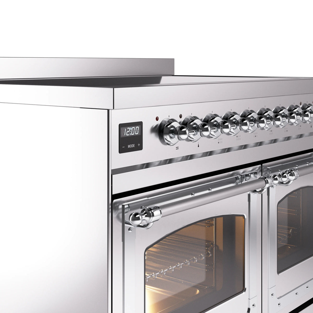 Stainless steel induction range control panel with digital display and chrome knobs
