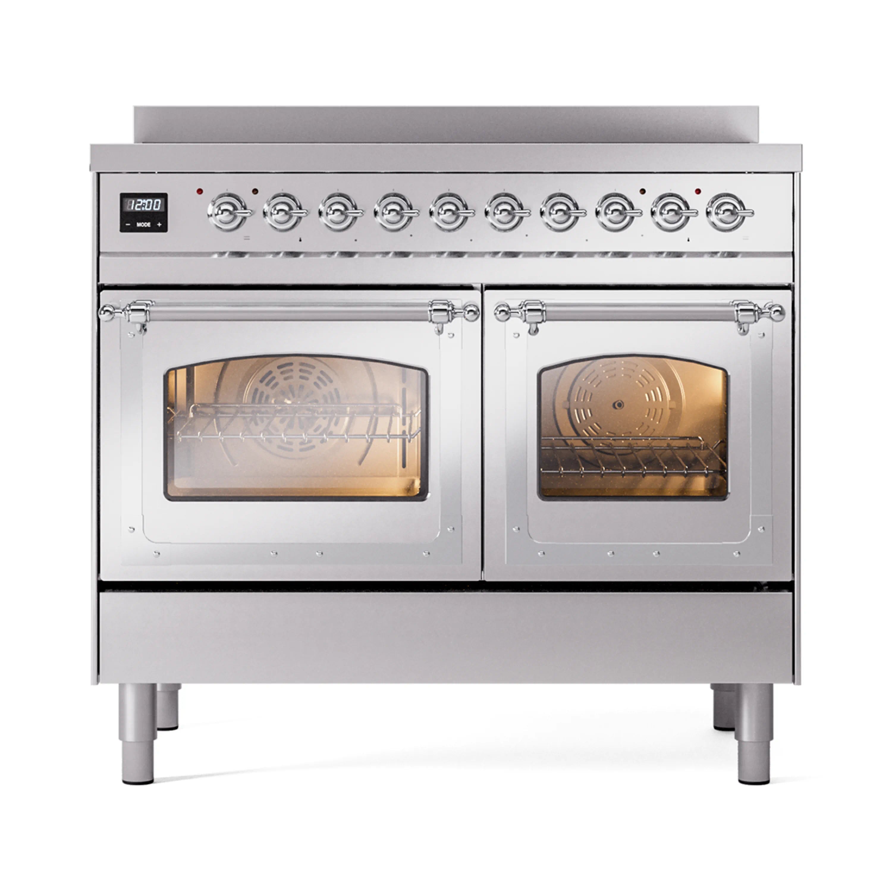 Stainless steel induction range with two oven doors closed and warm-lit windows