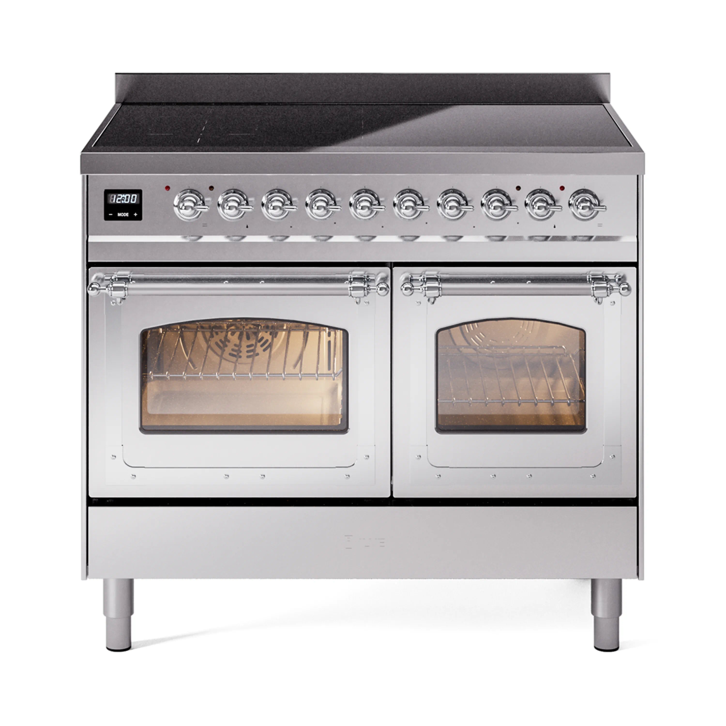 Stainless steel induction range with black cooktop and two front oven windows