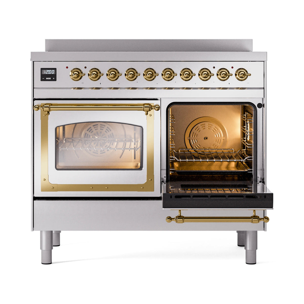 Stainless steel induction range with right oven door open, brass trim and knobs