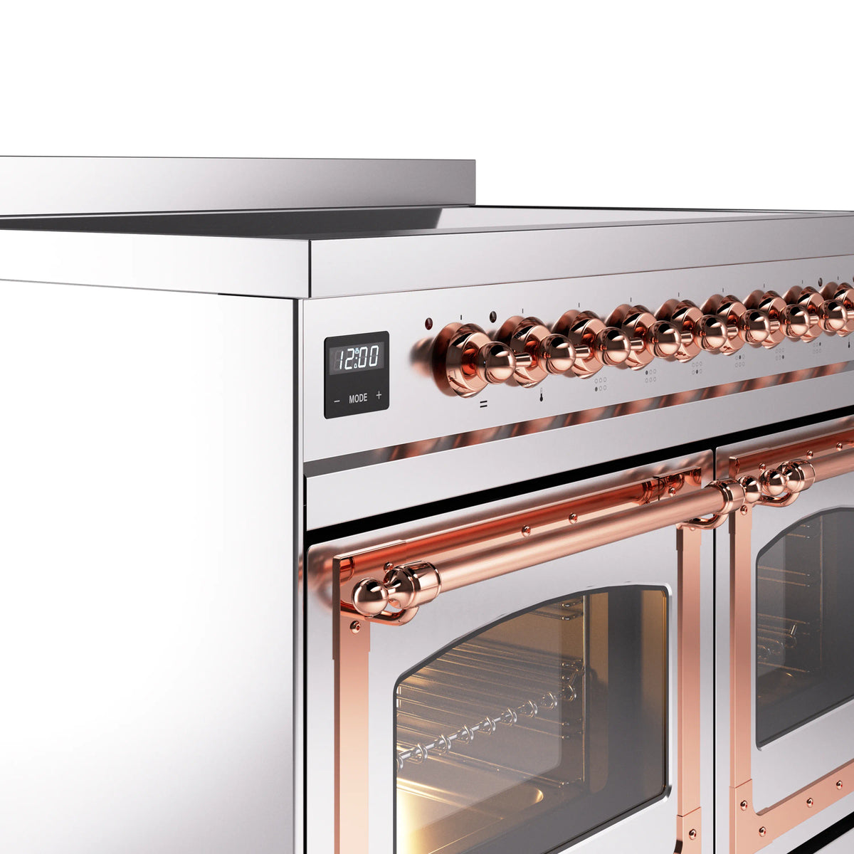 Stainless steel induction range control knobs and copper trim, with oven door handle