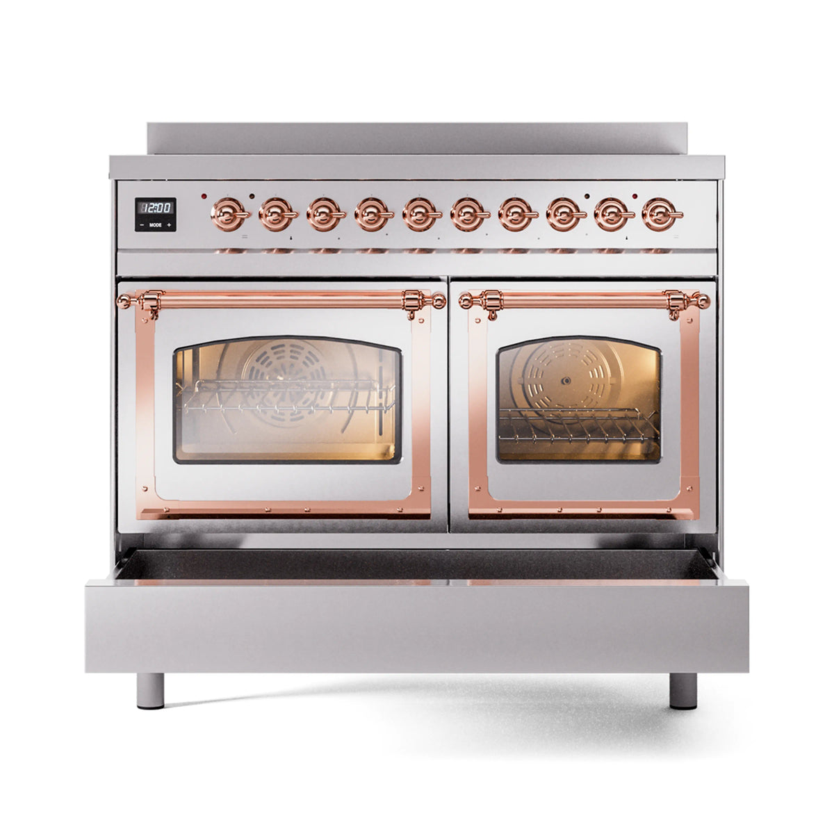 Stainless steel induction range with copper-trim dual oven doors, open interior and racks