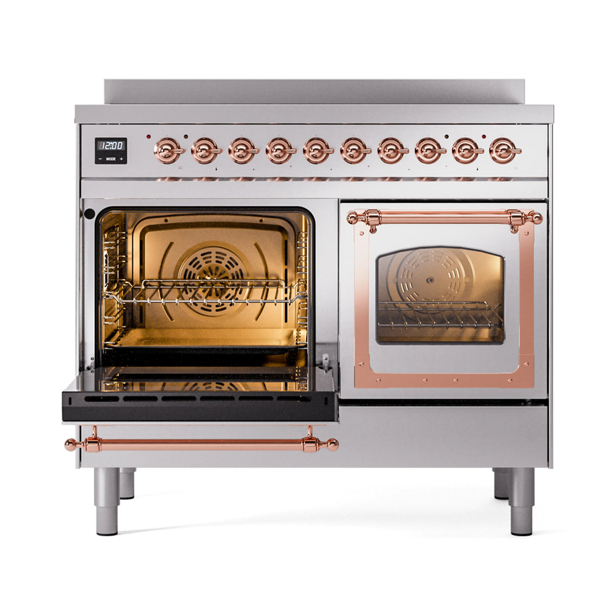 Stainless steel induction range with copper-trim triple glass oven doors, front open view
