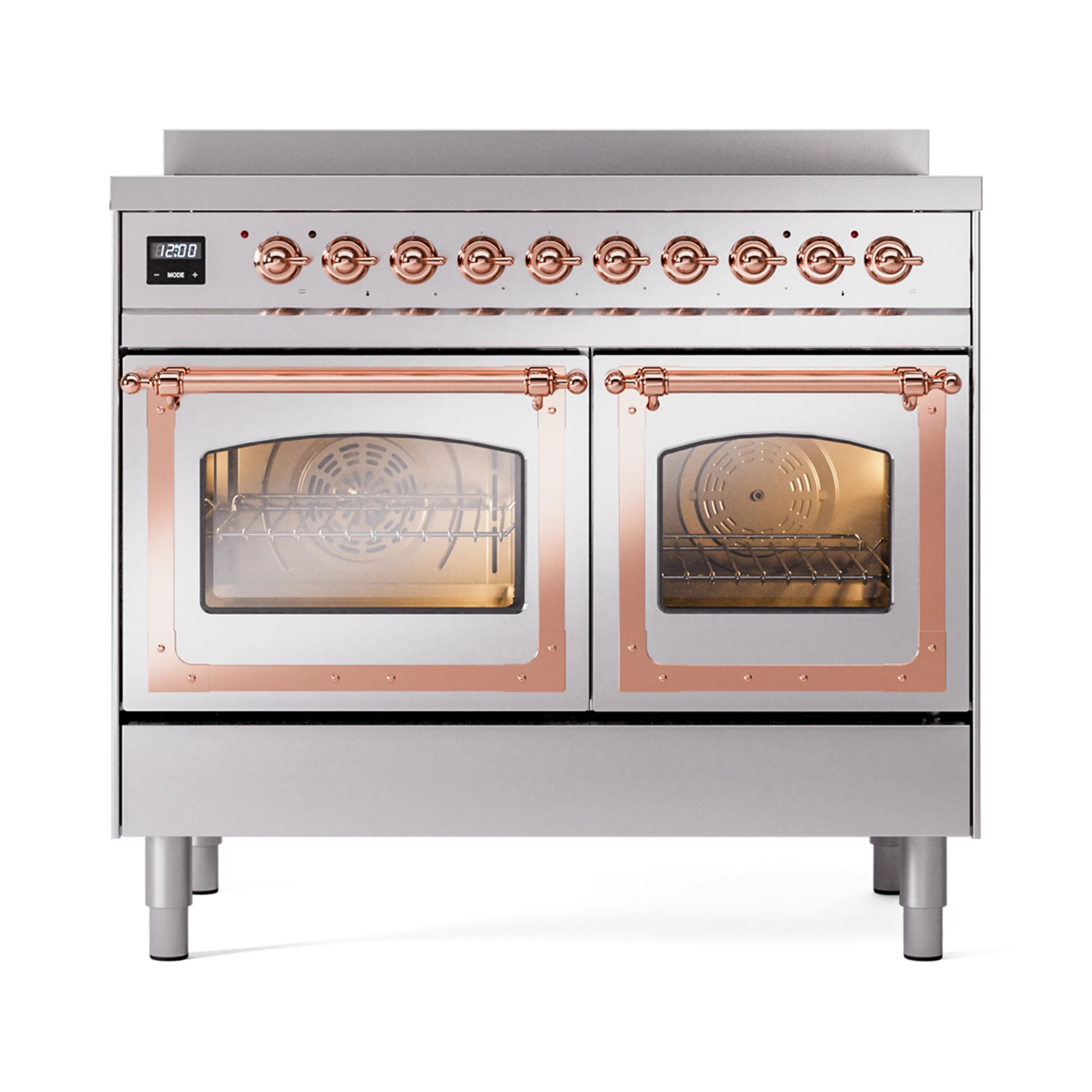 Stainless steel induction range with copper-trim oven doors and dual interior glass windows
