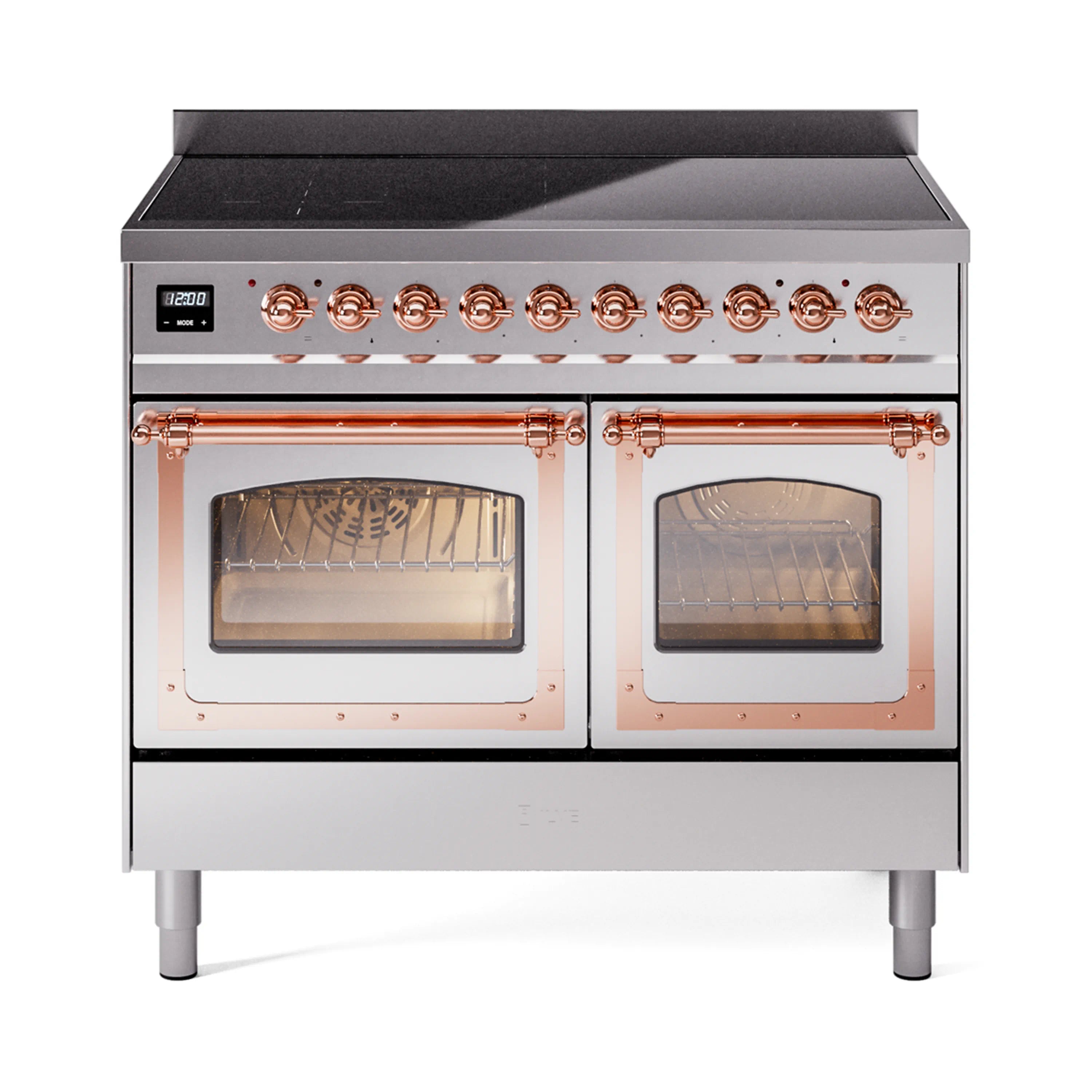 Stainless steel induction range with copper-trim oven doors and black glass control panel