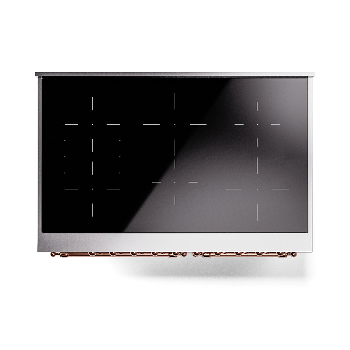 Stainless steel induction range with black glass display panel and copper trim accents