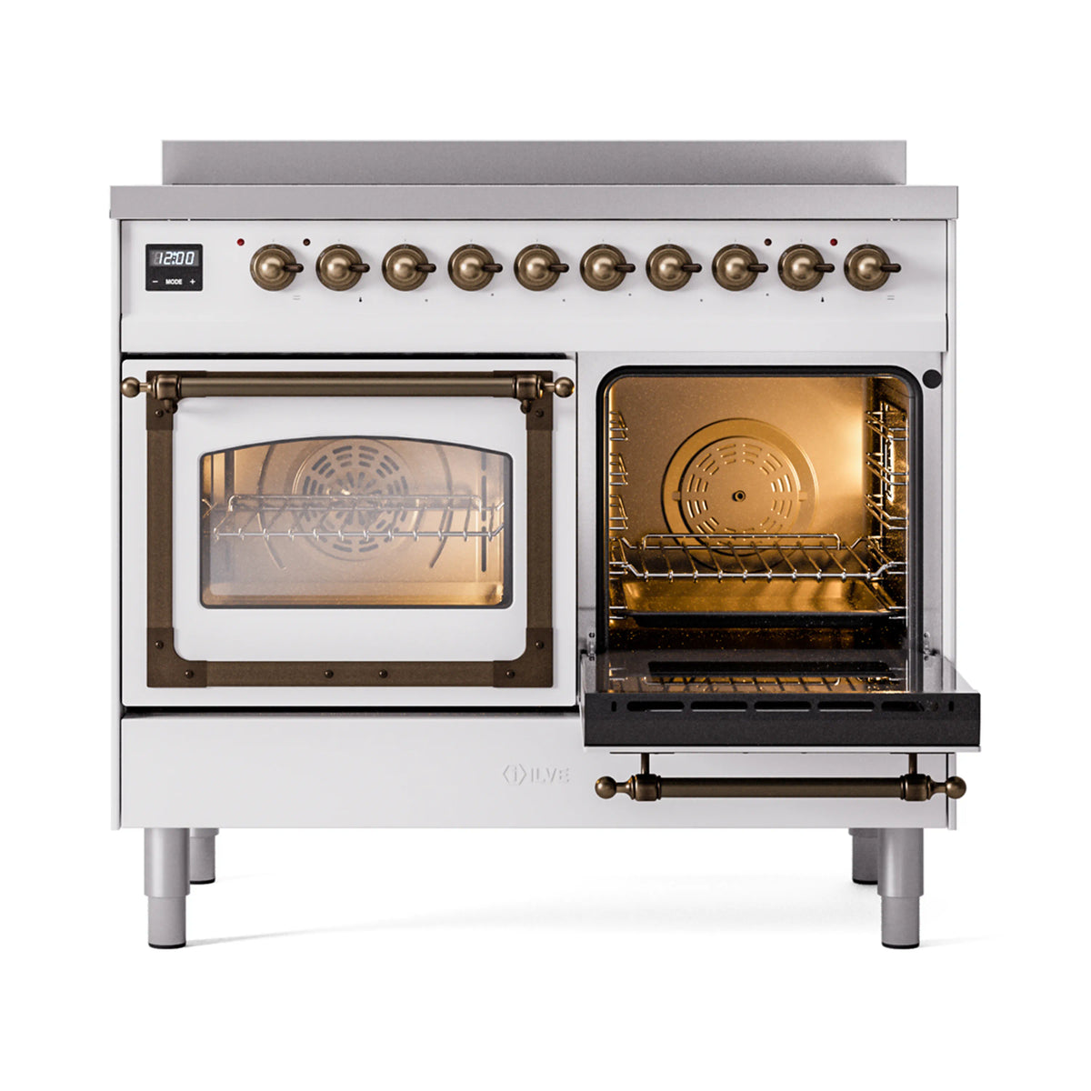 White induction range with bronze knobs and one oven door open