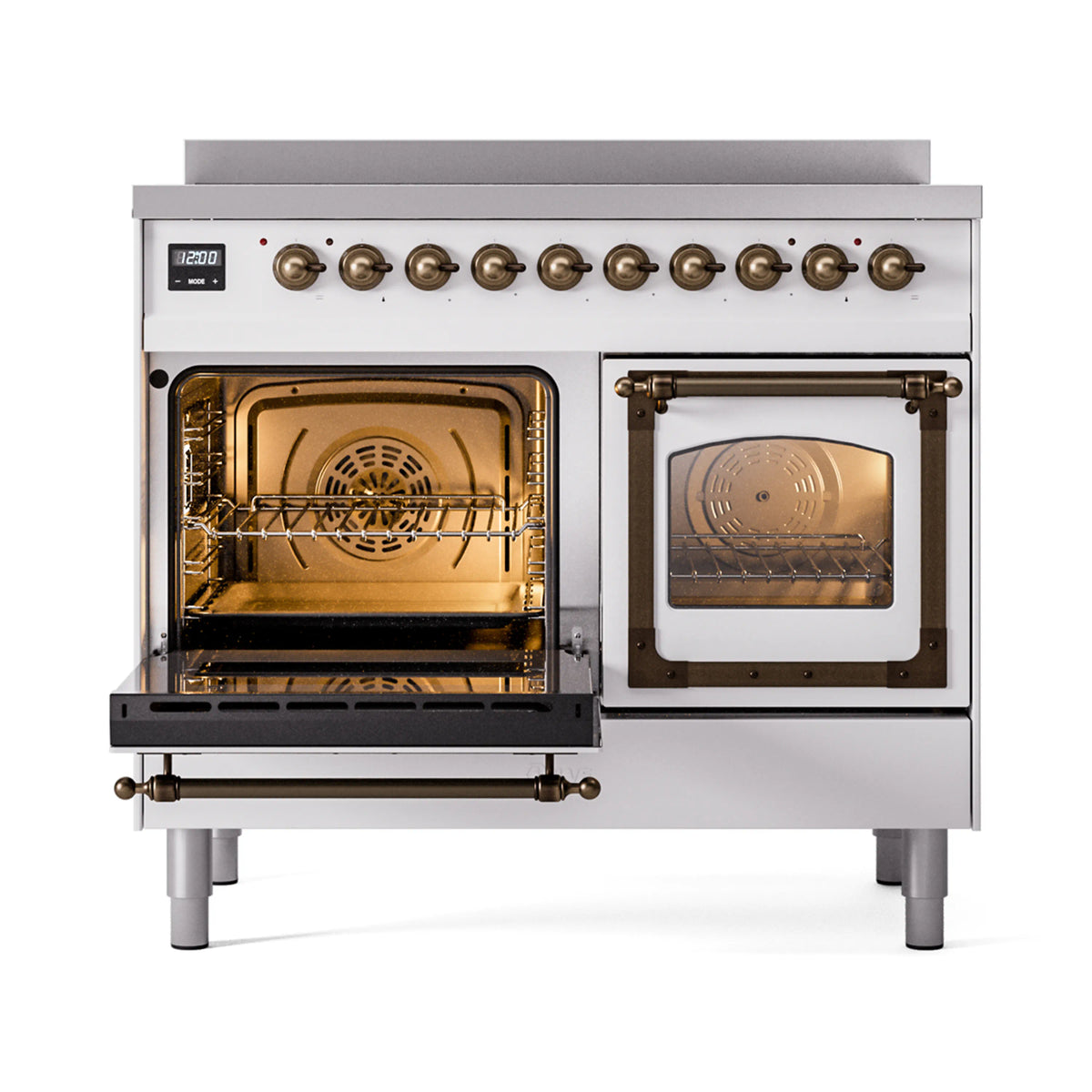 White induction range with bronze knobs, both oven doors open showing racks