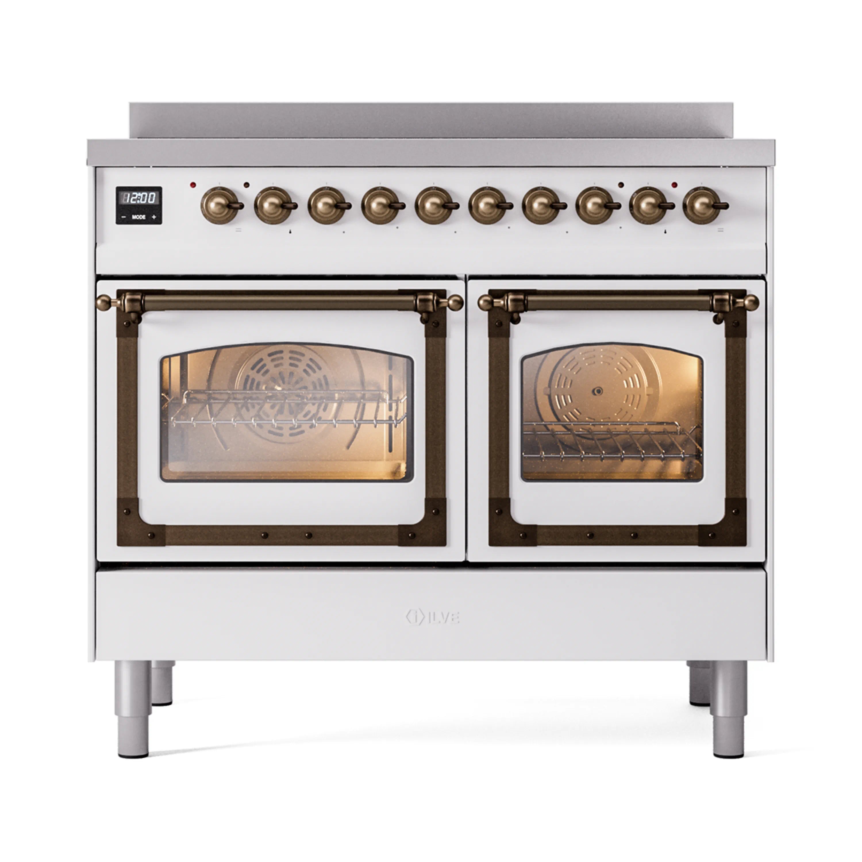 White induction range with bronze trim, two glass oven doors and control panel