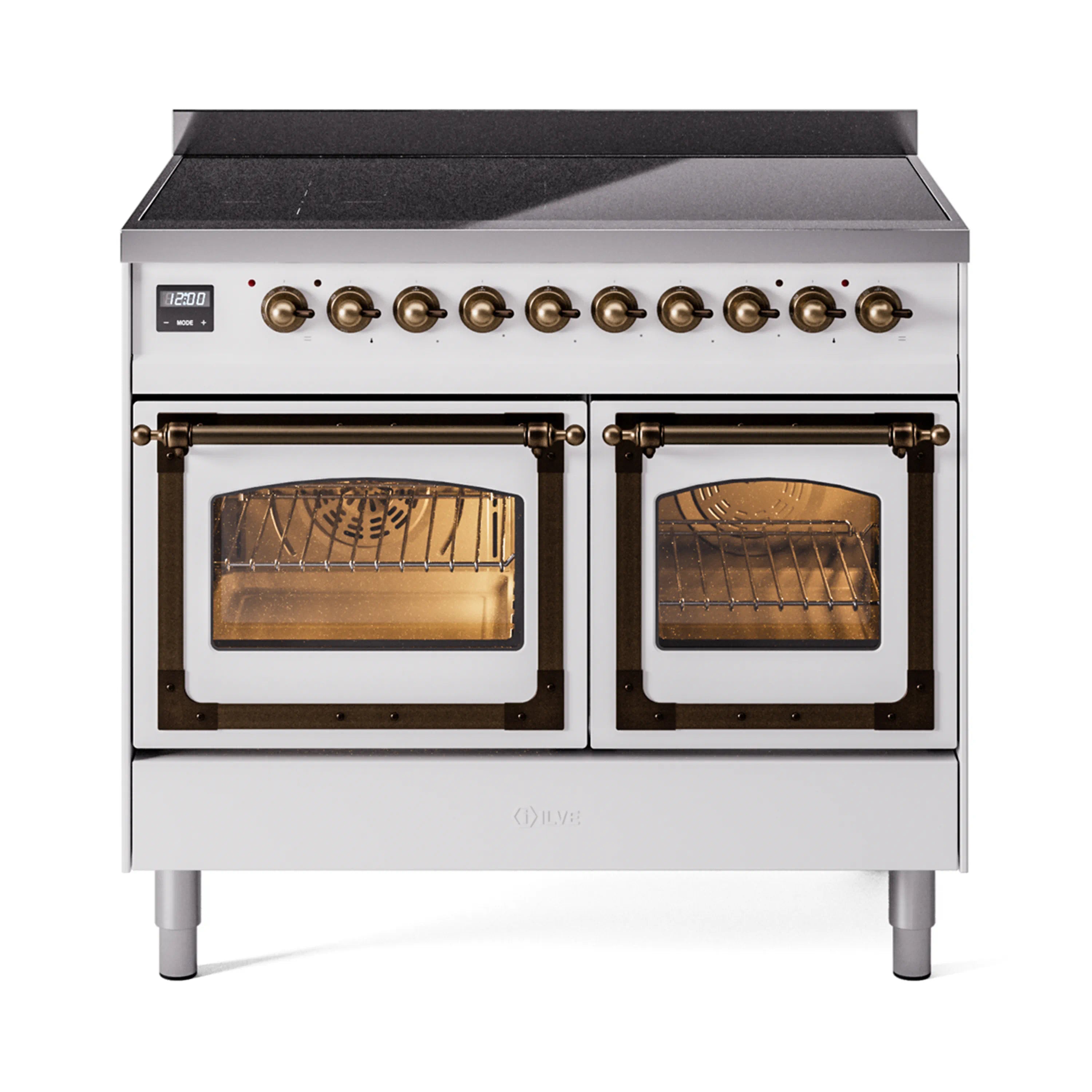 White induction range with black cooktop and twin glass oven doors