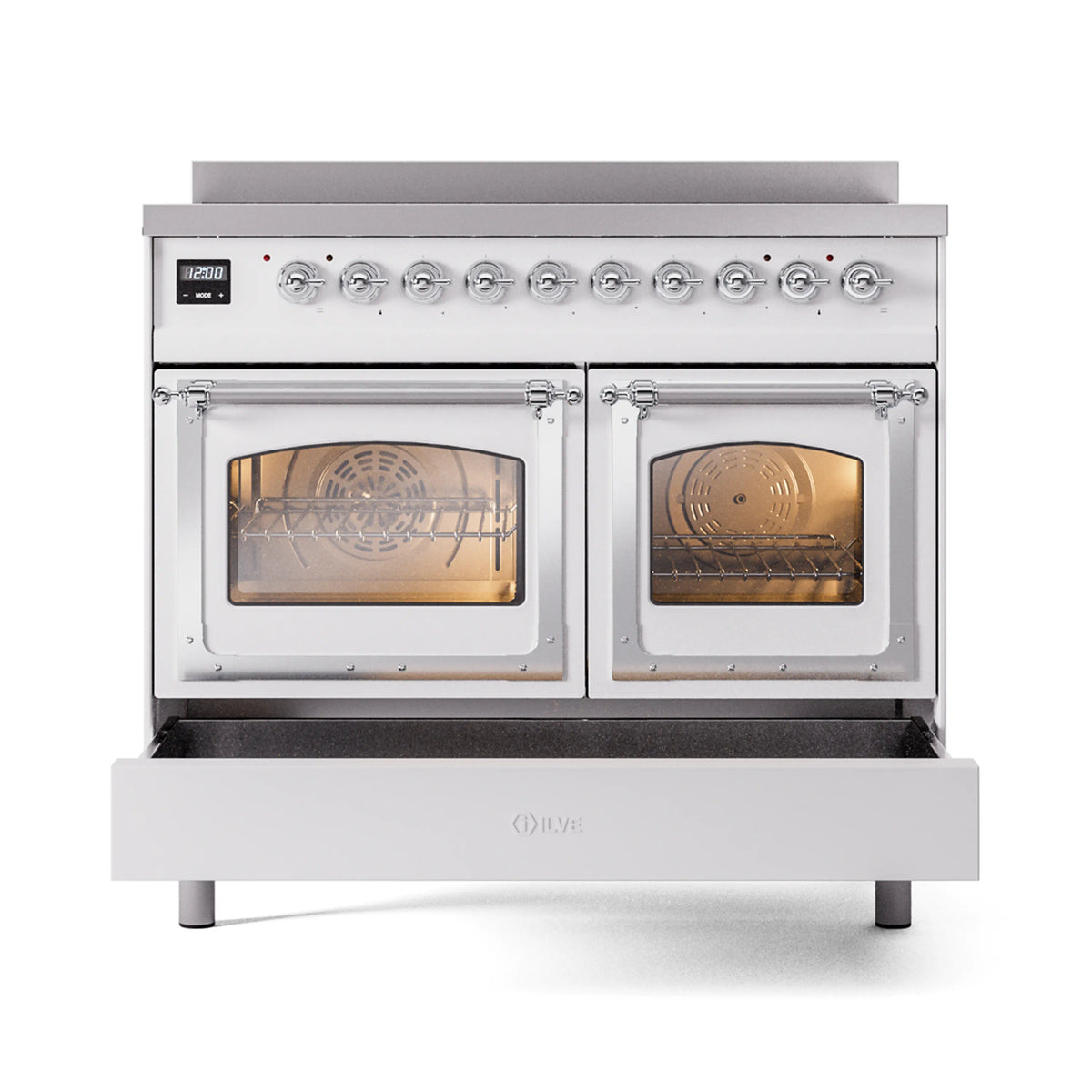 White induction range with chrome trim, both oven doors open with warm interior lighting