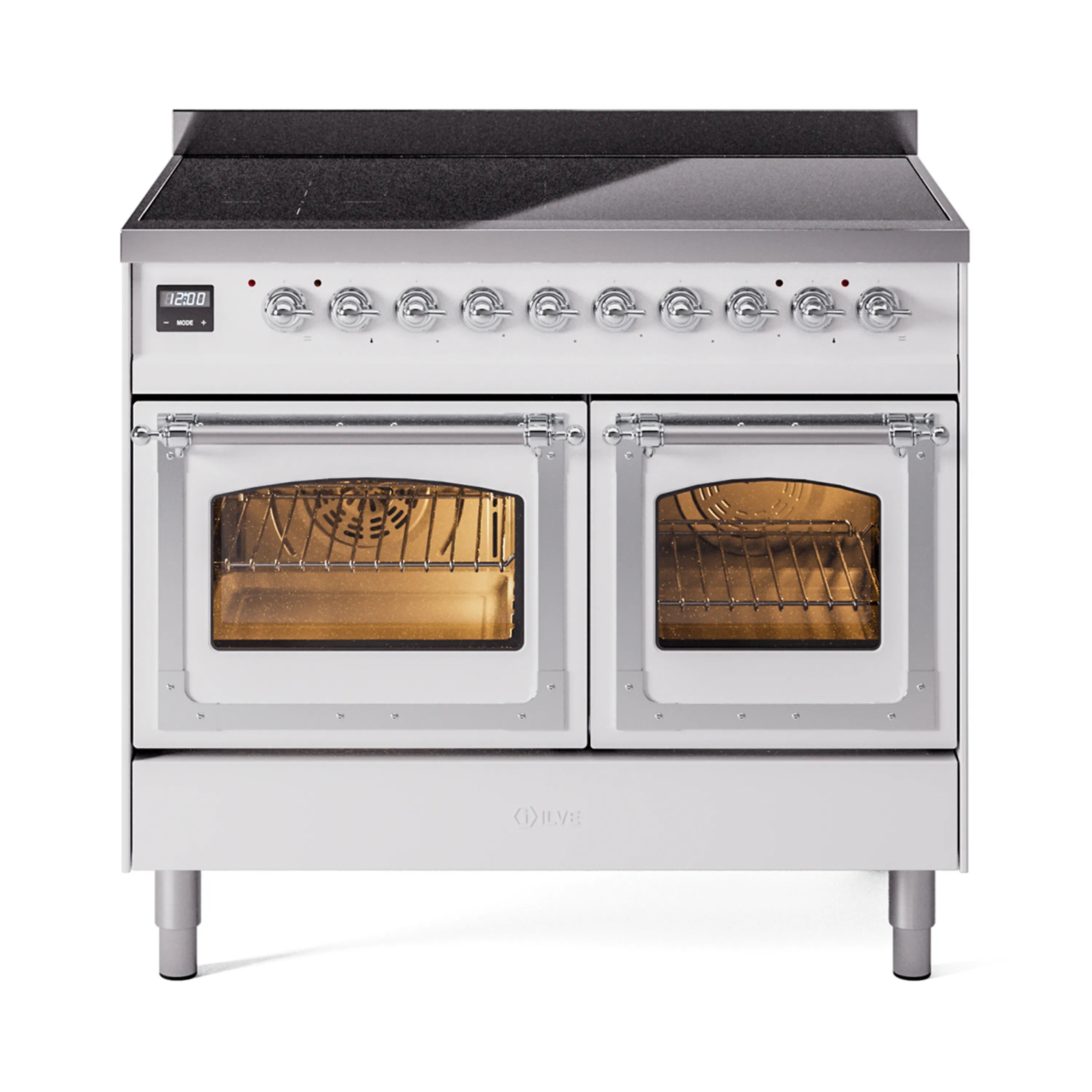 White induction range with chrome trim, two oven doors open, interior racks visible