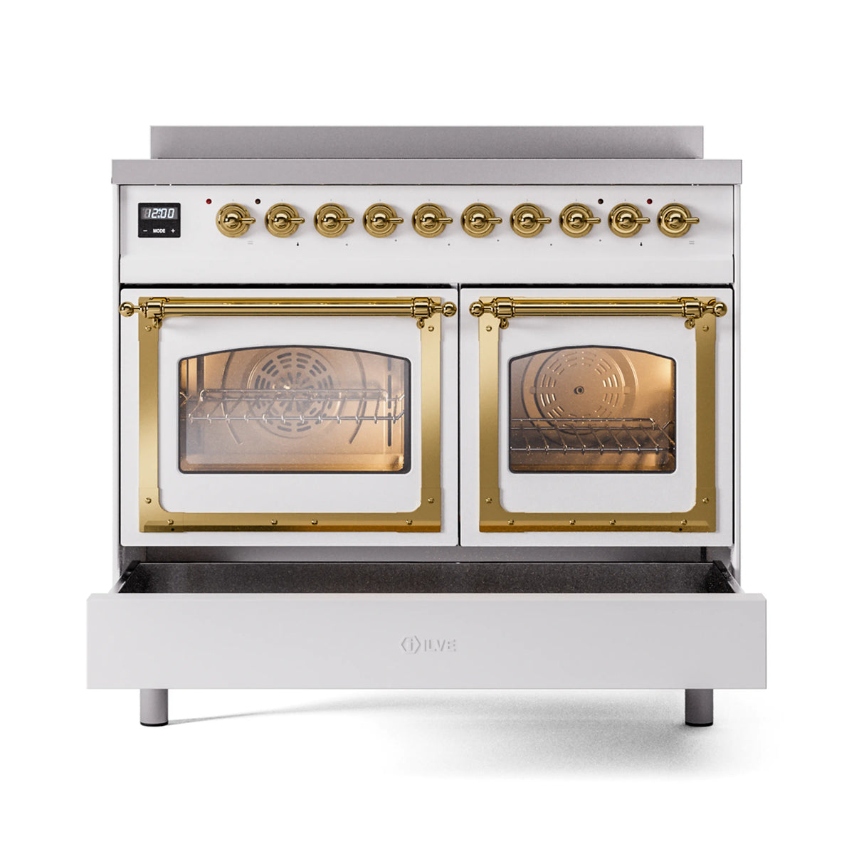 White induction range front with closed oven doors, triple-glass windows, and brass trim.