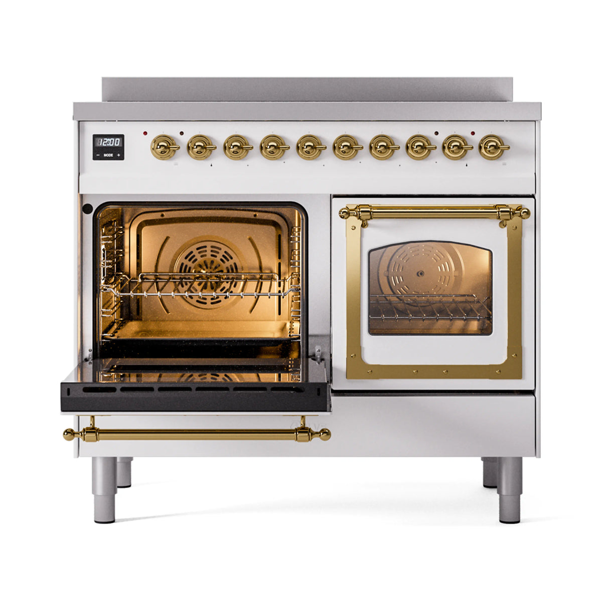 White induction range with left oven door open, showing rack inside through brass-framed window.