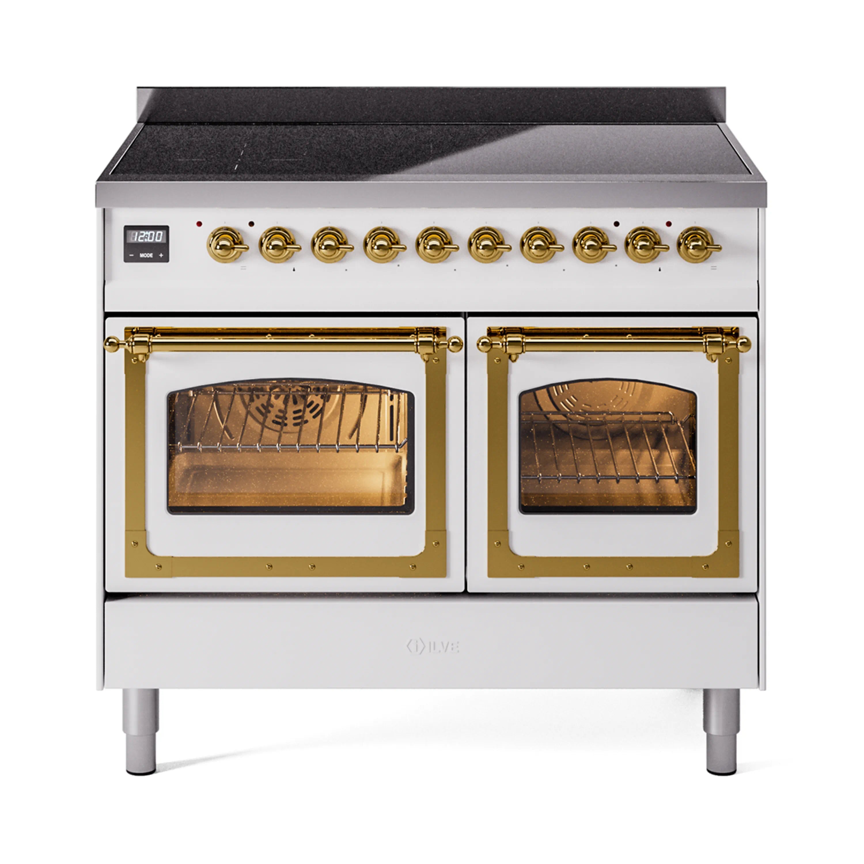 White induction range with two oven doors open, showing racks through brass-trim windows.