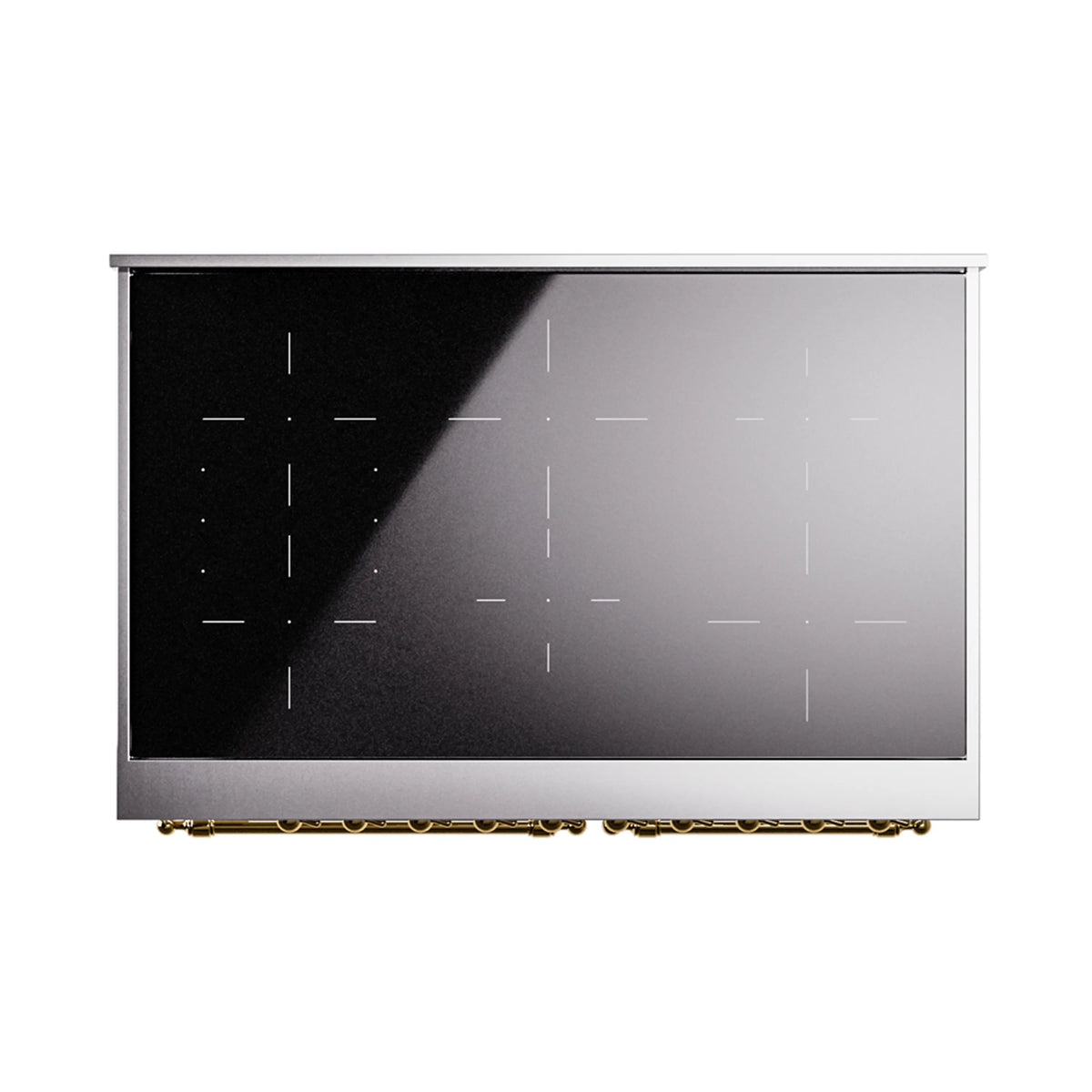 Black glass induction cooktop with white zone lines and markings.