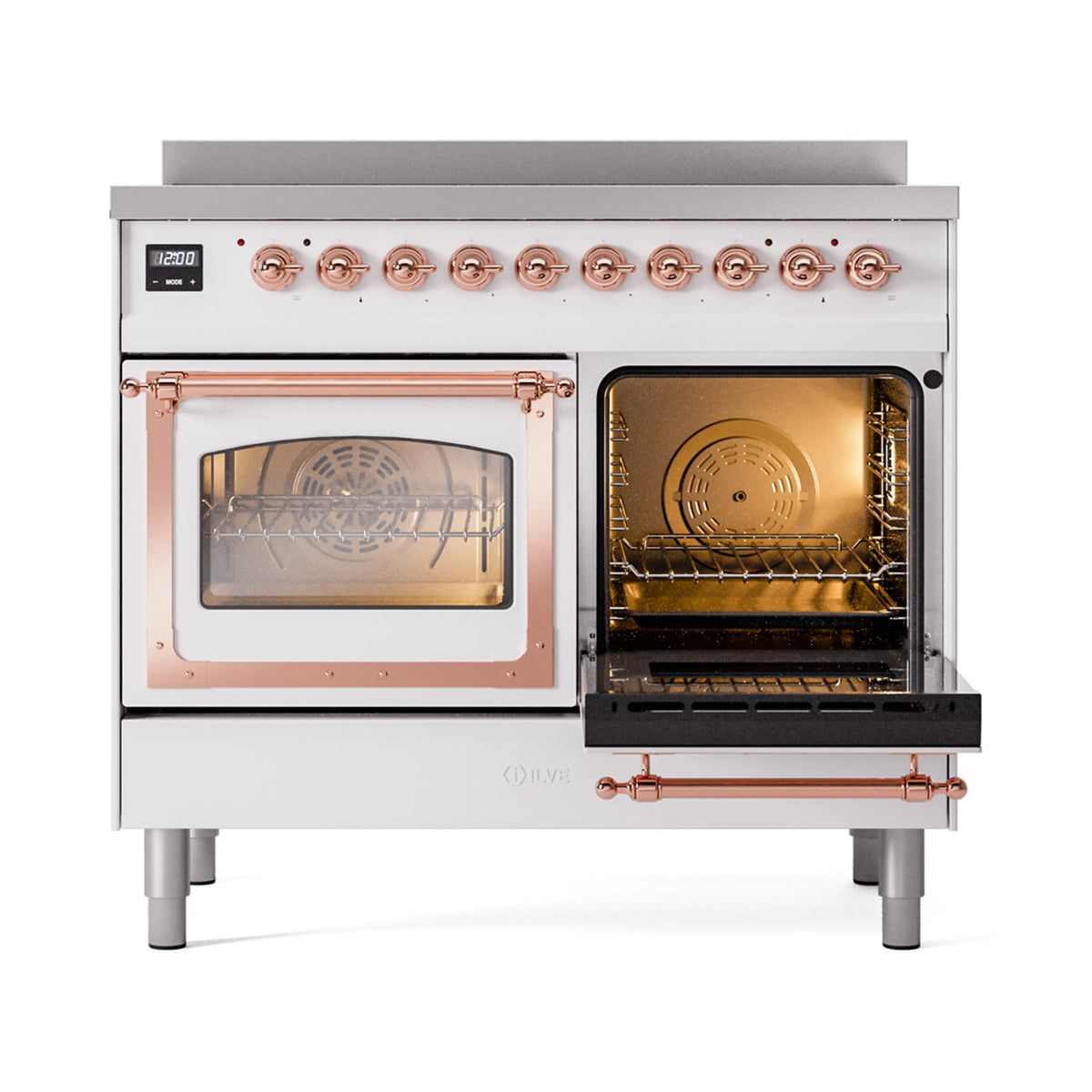 White dual-oven with one door open, copper handle bars, and warm interior light