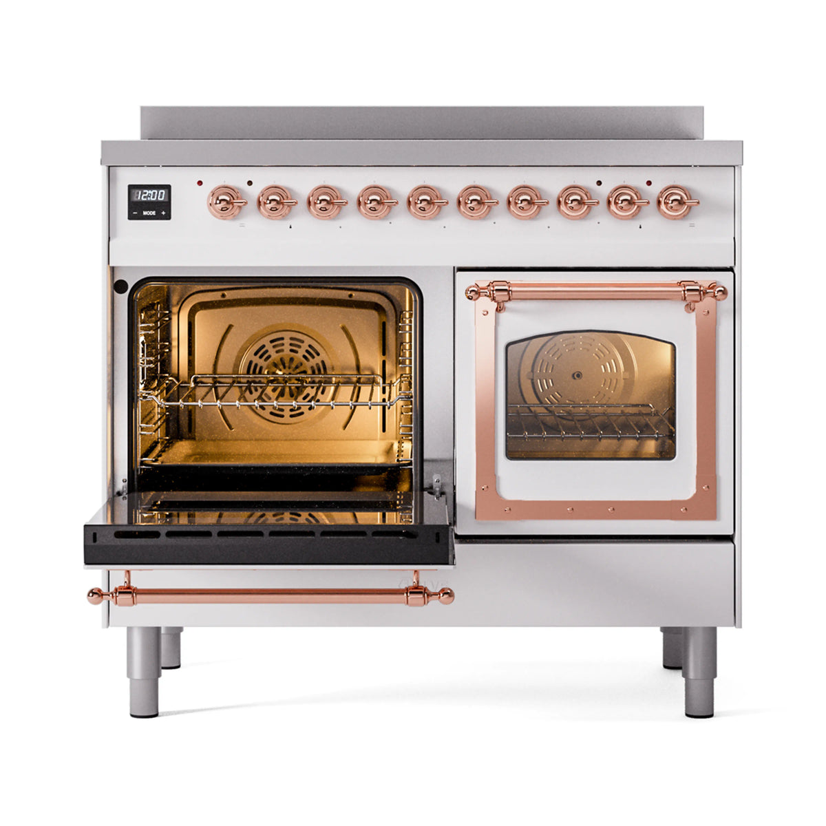 Open left oven cavity in a white range with copper handle and rack inside