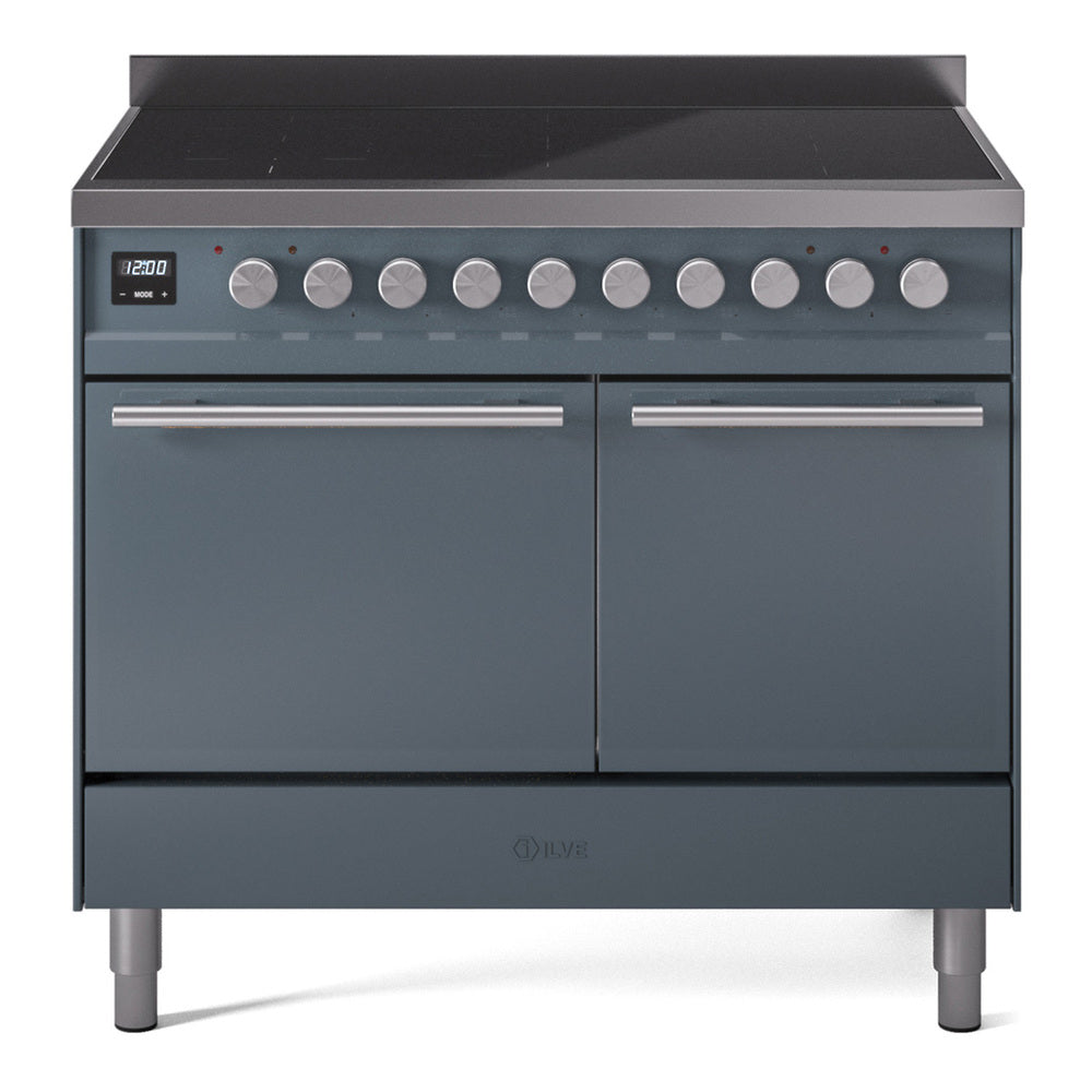 Blue-gray induction range with dual solid doors closed and front control knobs.