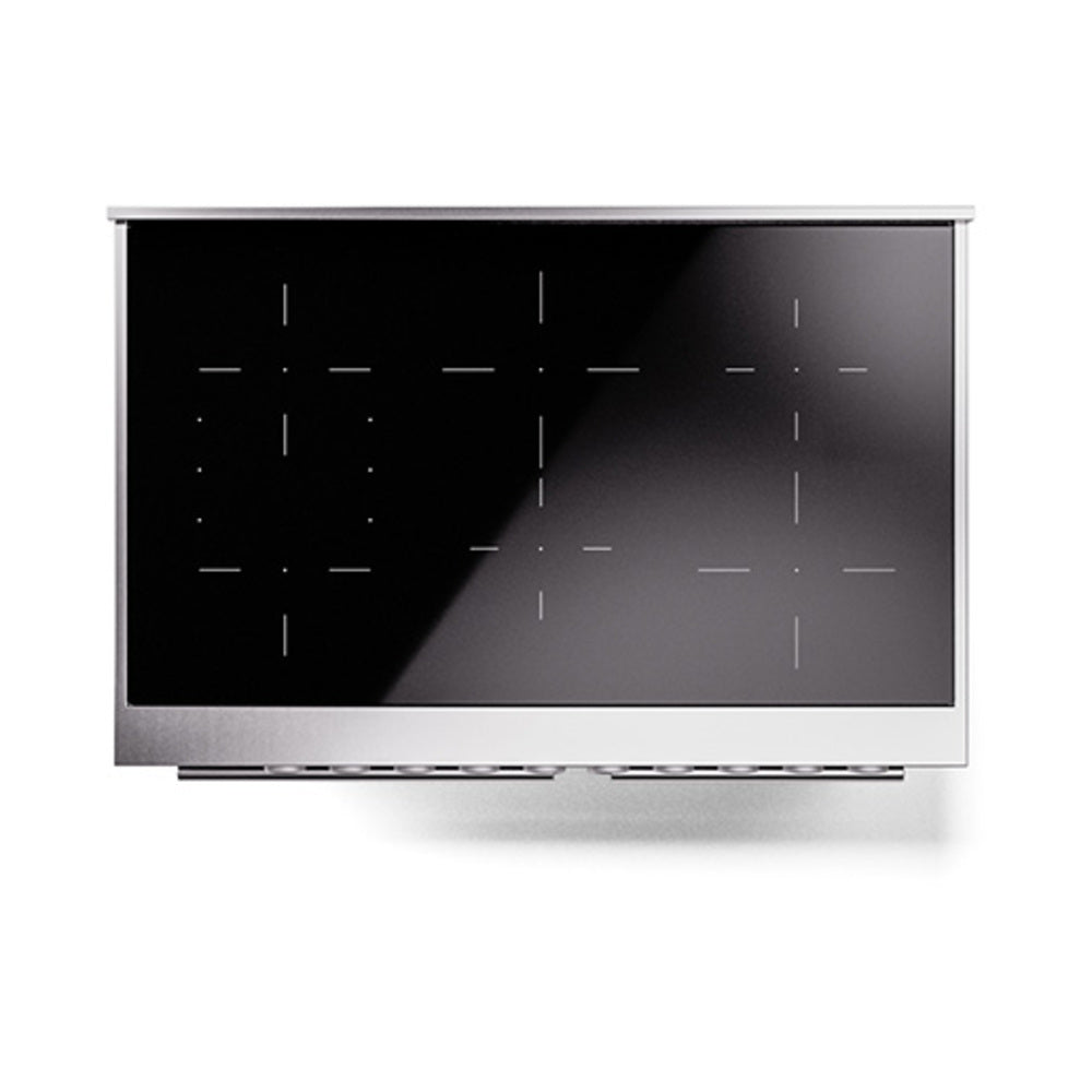 Blue-gray oven door with black glass panel and geometric indicator lines.