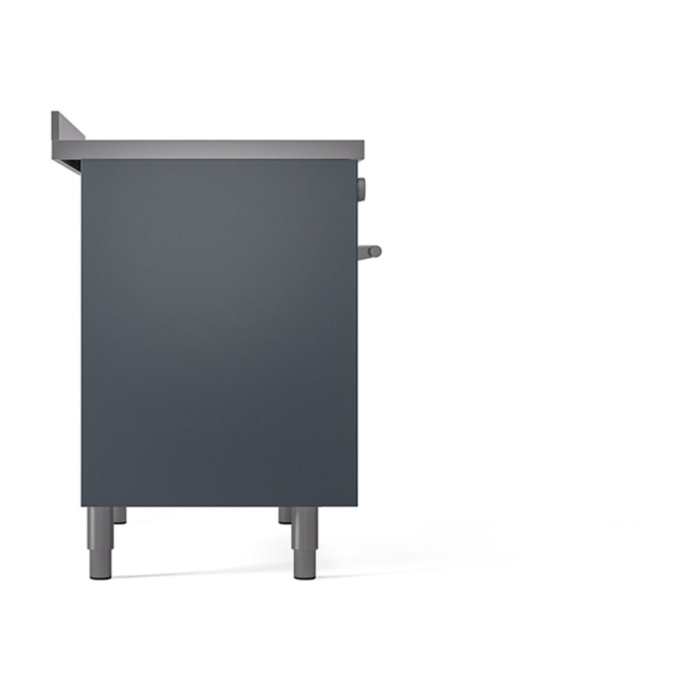Blue-gray solid-door oven with side controls and adjustable mounting feet.