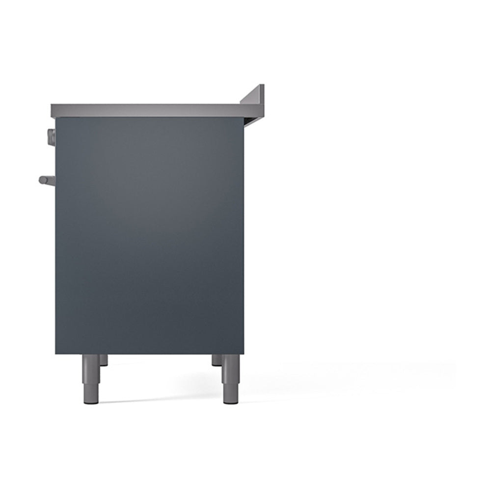 Blue-gray solid-door oven side view with two control knobs and feet.