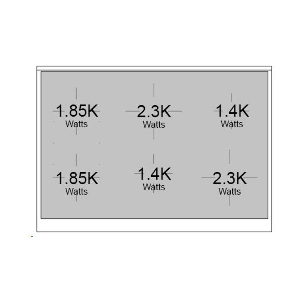 Induction cooktop power rating label showing 1.85K, 2.3K, and 1.4K Watts.